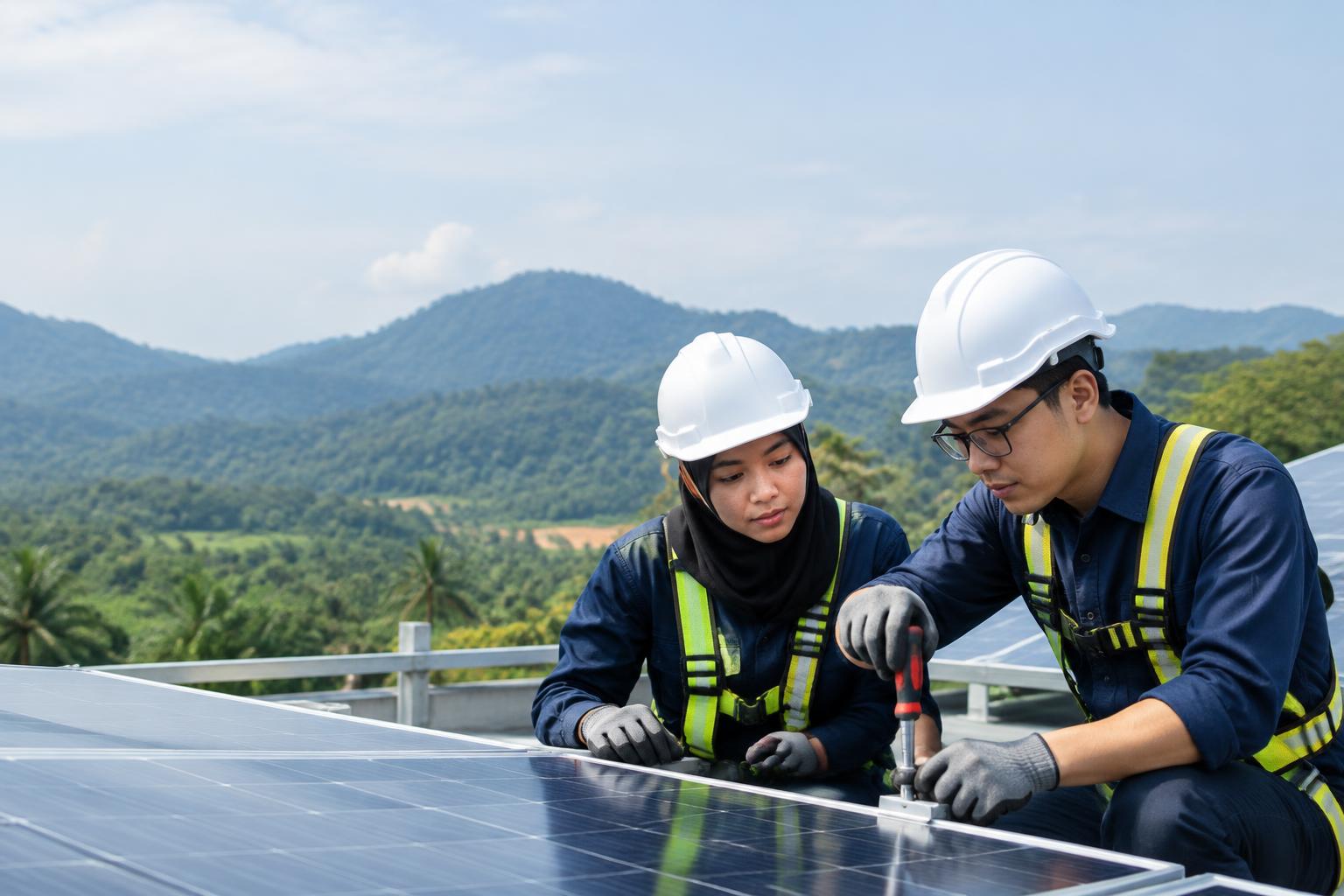 Ilustrasi juruteknik muda memasang panel tenaga solar