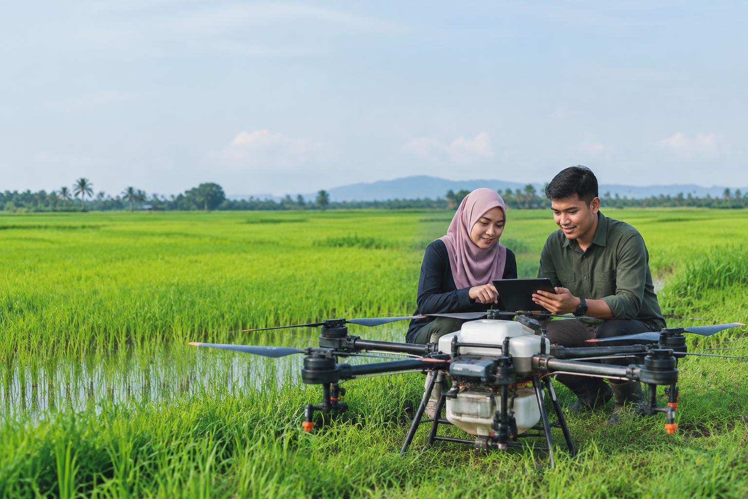 Ilustrasi belia menggunakan dron pertanian di sawah padi