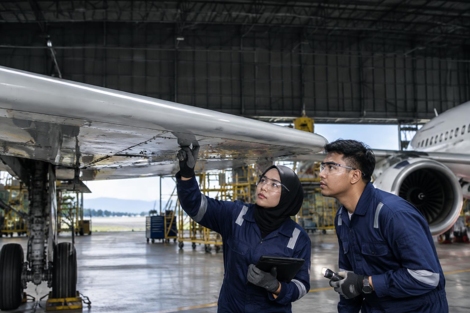Ilustrasi juruteknik muda memeriksa sayap pesawat di hangar